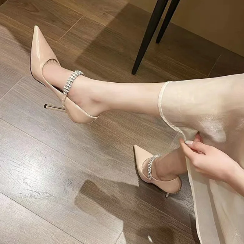 Summer 2024 New Rhine-diamond Pointy Heels Patent Leather Mary Jane Single Shoes Women Wedding Pumps