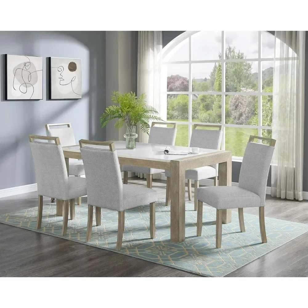 

7pc Dining Table Chair Set,Genuine Marble Stone Rectangular Table Full Back Upholstered Chairs Dining Room Wooden Furniture