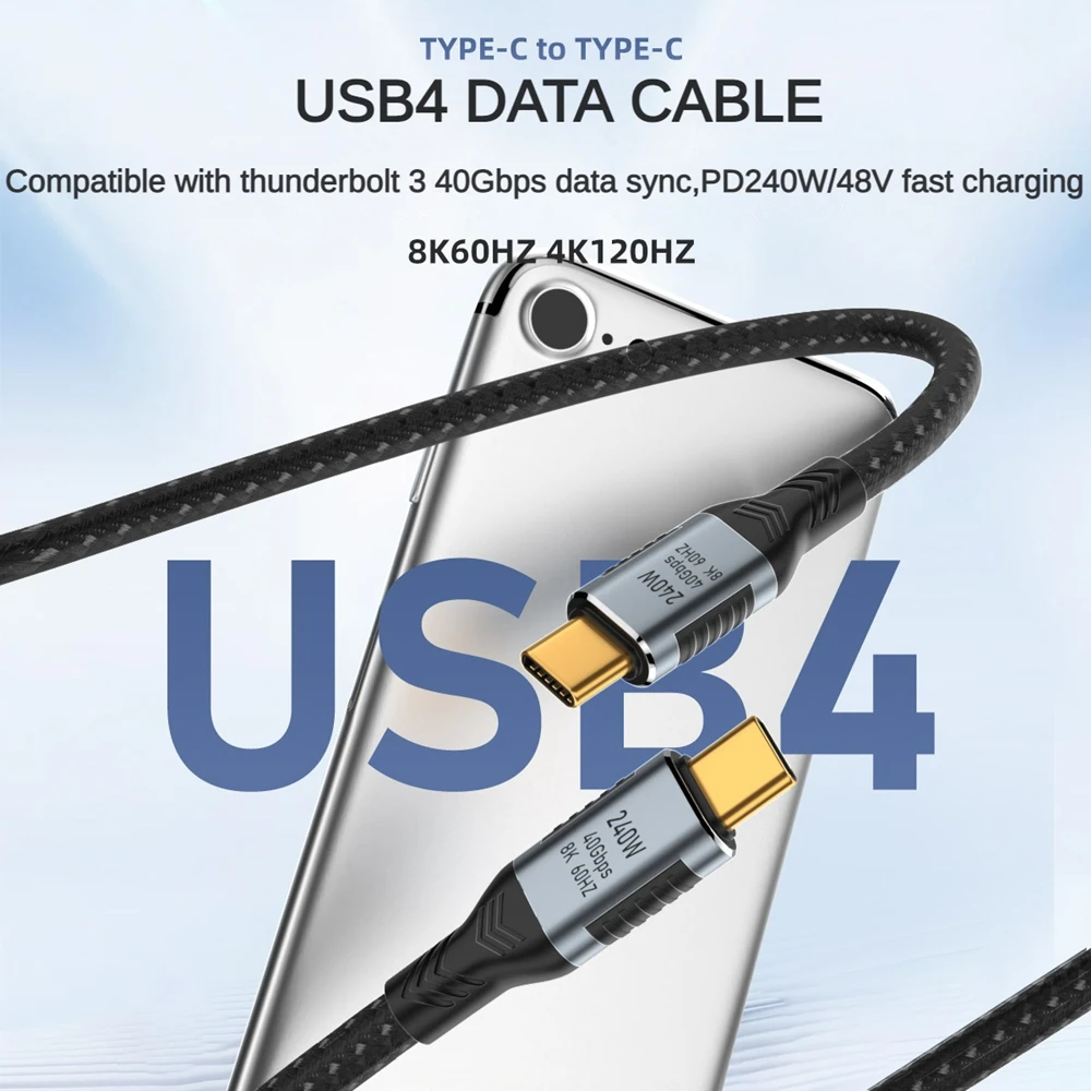 USB C to C 40Gbps USB4 Thunderbolt3 Data Cable 8K@60Hz Display 240W Fast Charing Cord for Laptop Docking Hub PC Mobile Hard Disk