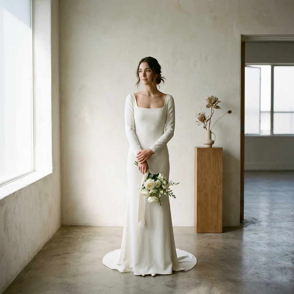 Minimalist Square Neck Long Sleeve Satin Mermaid Wedding Dress with Train Elegant Bridal Gown