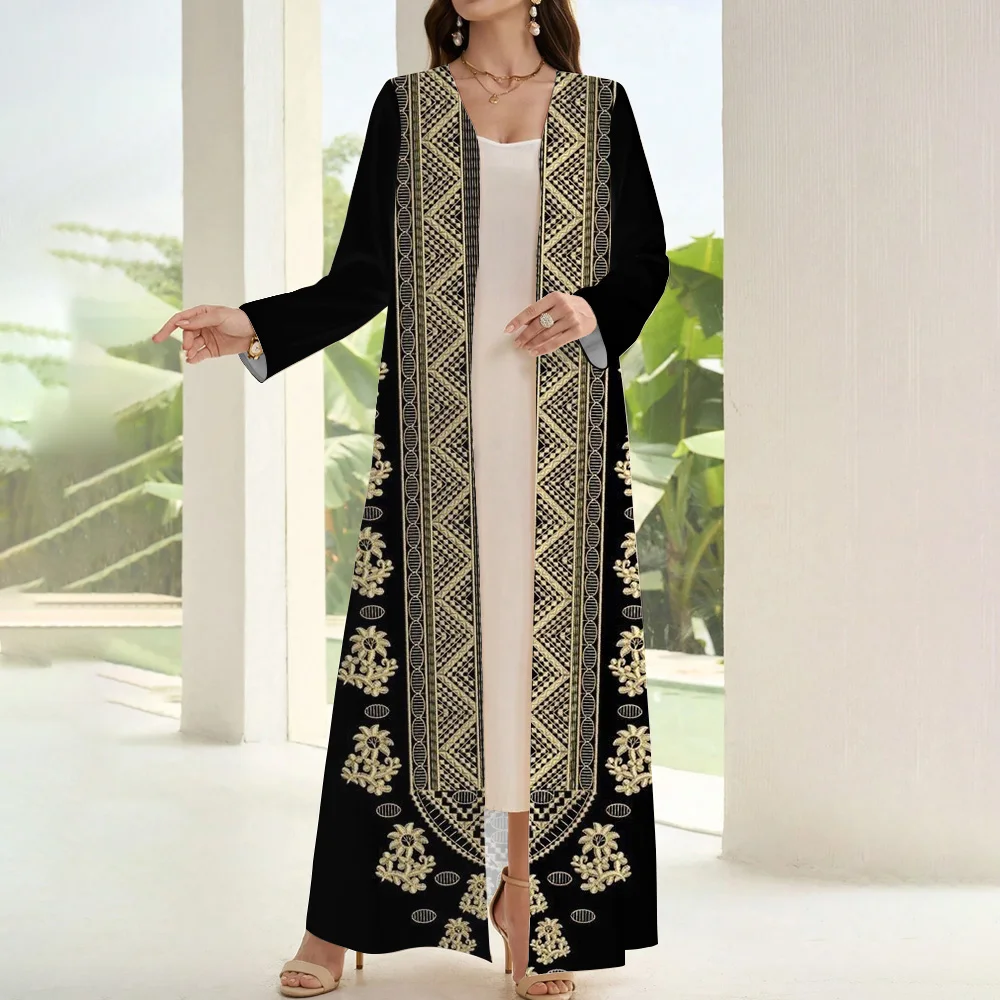 Black Femme Islamic Clothing Open Kimono Abaya Women Dubai 2024Turkey Moroccan Kaftan Two Pieces Elegance Print Abaya Dresses