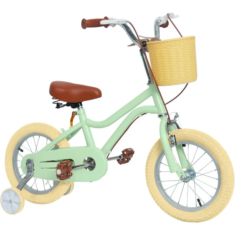 Mädchenfahrrad mit Korb, Kinderfahrrad für 3–14 Jahre, 14–16 Zoll Kinderfahrrad mit Stützrädern, Retro-Design-Mädchenfahrrad