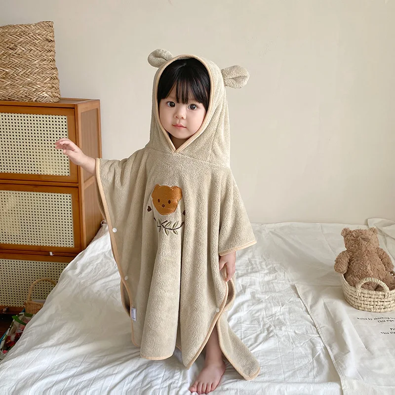 

Kids Hooded Bathrobe Coral Fleece Embroidered Bear Towel Baby Bath Cape Absorbent Korean Style
