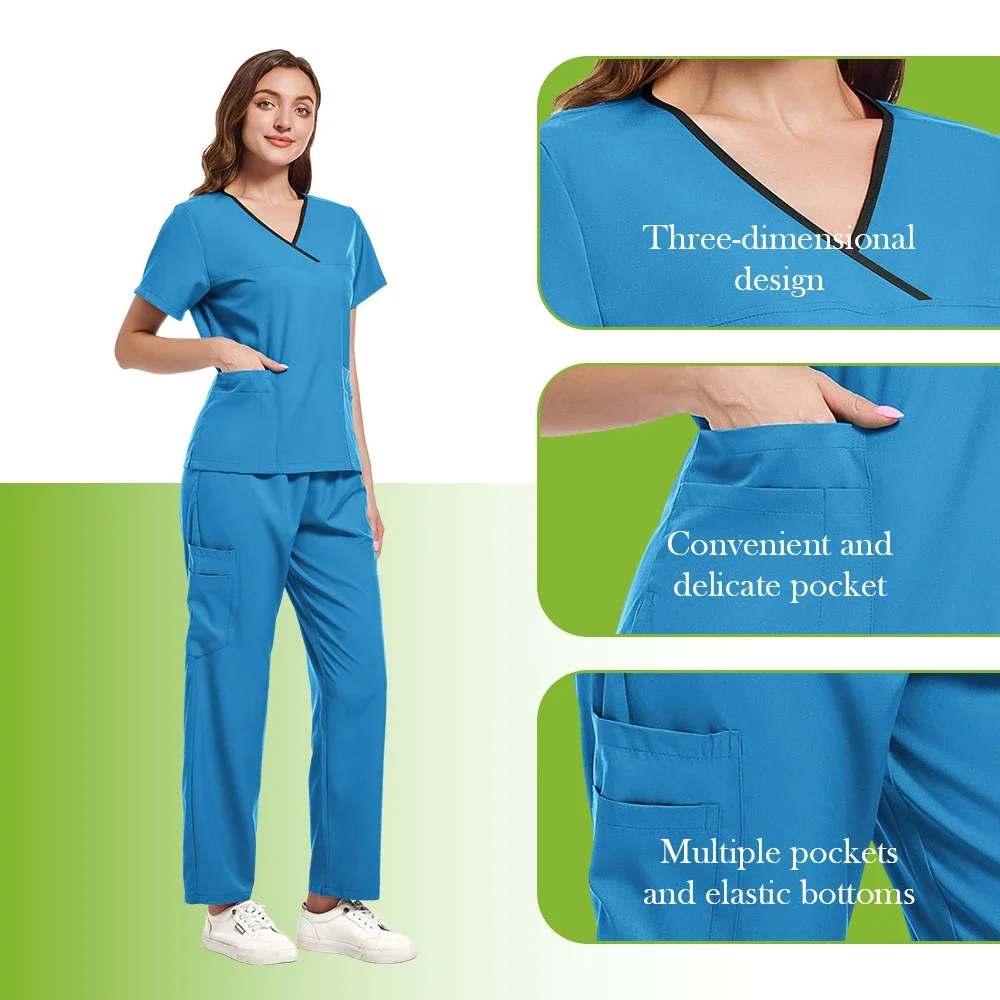 Enfermeira Scrub Top e Calças com Bolso, Uniformes Médicos, Macacão Cirúrgico, Conjunto de Esfoliantes de Tecido High-end, Esfoliante Stretch, Beauty Workwear