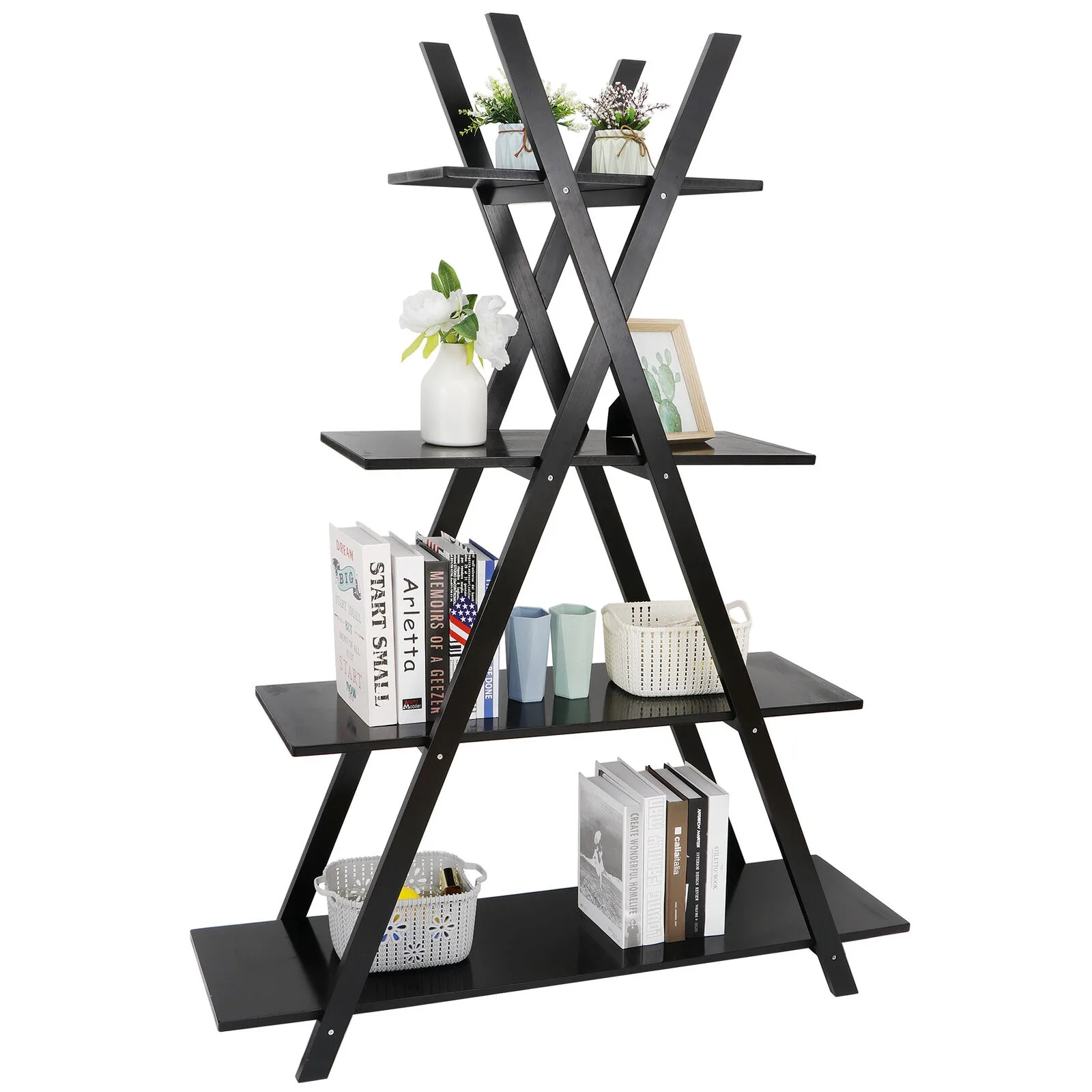 

4-Tier Bookshelf A-Frame Bookcase Wooden Ladder Shelf Open Display Shelves Black United States