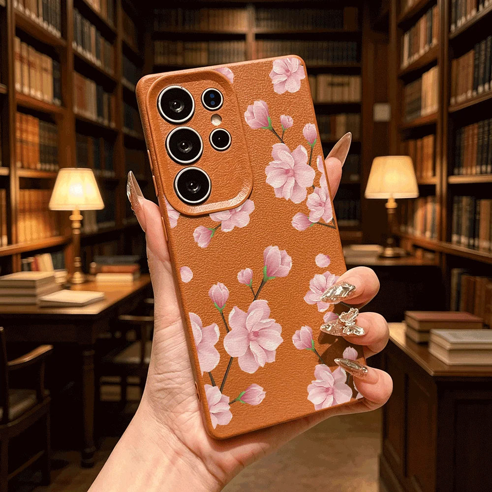 Pink Magnolia Branch Petals Faux Leather Soft TPU Shockproof Case For Samsung S Ultra FE A Series Anti Scratch Slim Cover