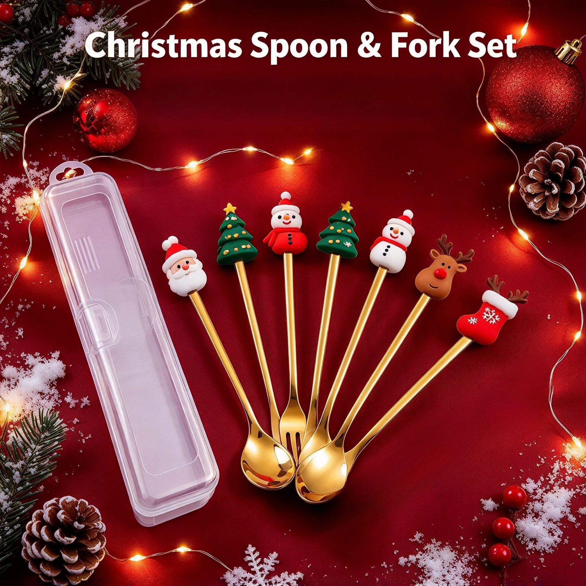 Christmas Cute Doll Handle Spoon Fork Set Stainless Steel Dessert Fruit Fork Coffee Stirring Spoon Portable Tableware Gift