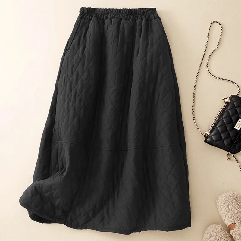 

Autumn And Winter Oversized Skirt Loose Artistic Women's Thick Warm Solid Color Black Umbrella Quilted Skirt w1593