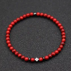New Fashion Cross Bracelet For Men 4mm Small Beads Strand Braslet Natural Red Howlite Lava Stone Braclet Hematite Healing Joias