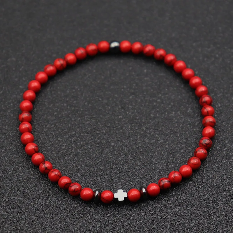 New Fashion Cross Bracelet For Men 4mm Small Beads Strand Braslet Natural Red Howlite Lava Stone Braclet Hematite Healing Joias