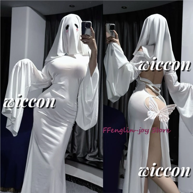 Sexy Schattige Vrouwelijke Ghost Cosplay Kostuum Halloween Schrik Gezicht Cape Schreeuw Kostuum Volwassen Verkleedkleding Halloween Cosplay Kostuum