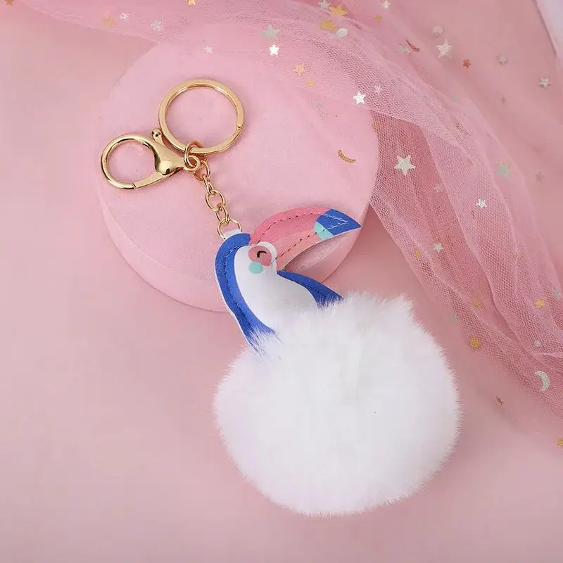 Faux Rex Rabbit Fur Ball Toucan Keychain Big Mouse Bird Man Car Key Ring Women Bag Pendant Keyring Wedding Doll Party Gift K10