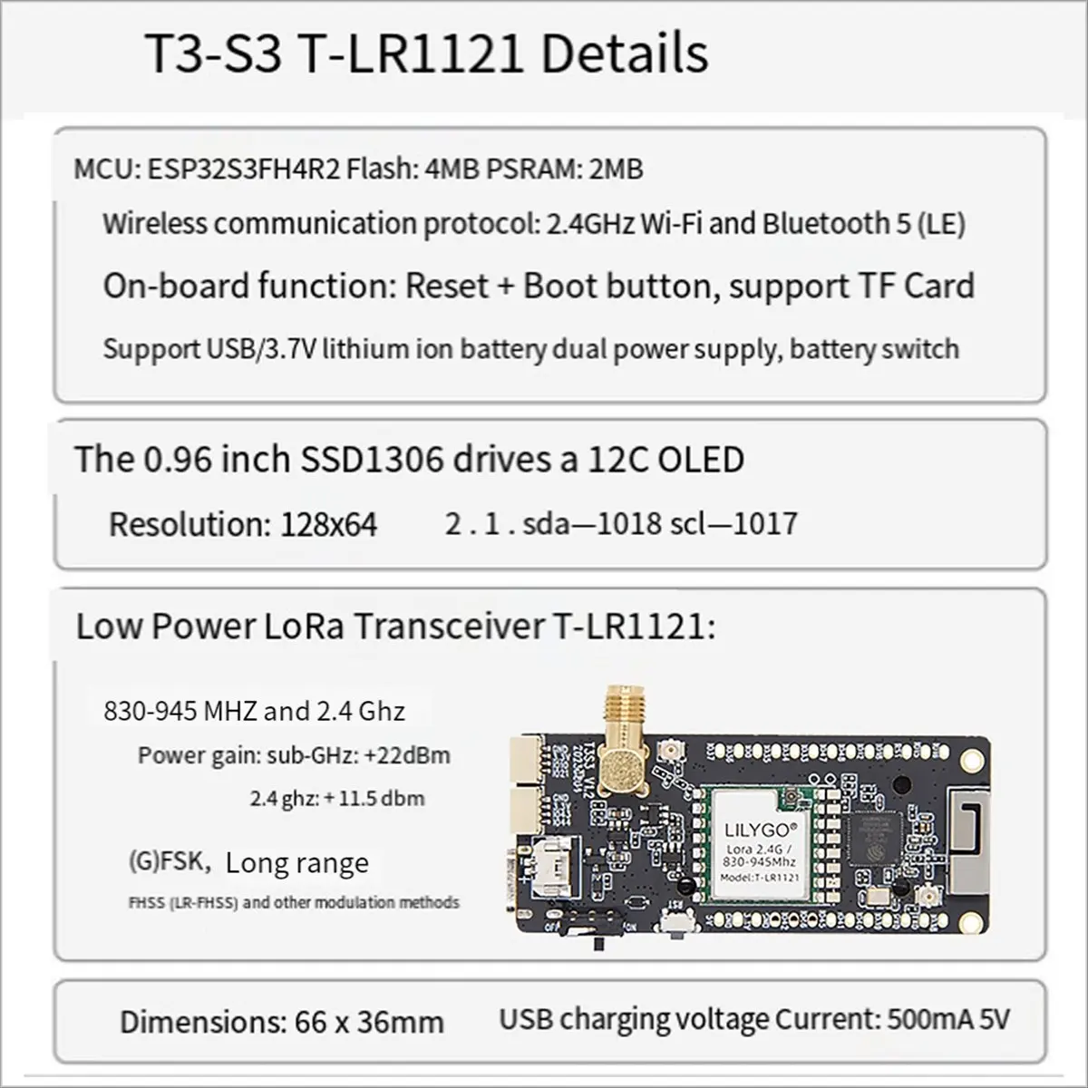AAAE  T3S3-LR1121/2.4G V1.2 - LoRa2.4G SX1280 Equipped with 0.96 Inch OLED Development Board Module