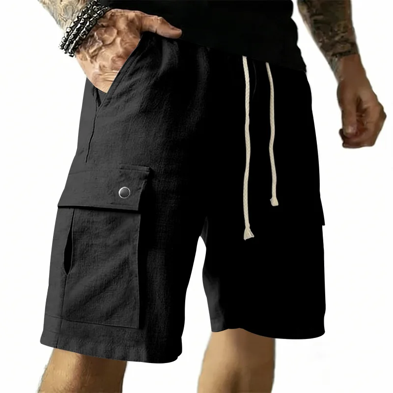 Men Summer Drawstring Linen Cargo Shorts Multi Side Pockets Loose Breathable Beach Vacation Casual Walk Shorts
