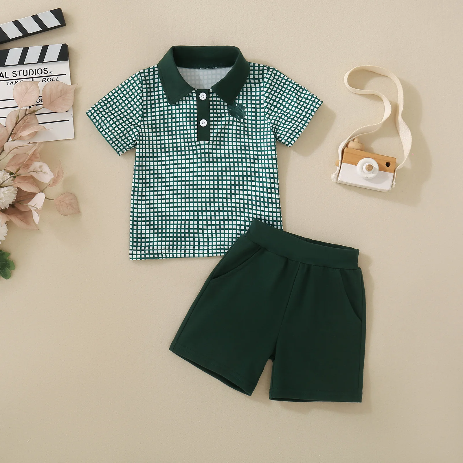 Summer St Patrick's Baby Boys Toddler Polo Shirt Top with Green Checkered and Solid Shorts Two-piece Set