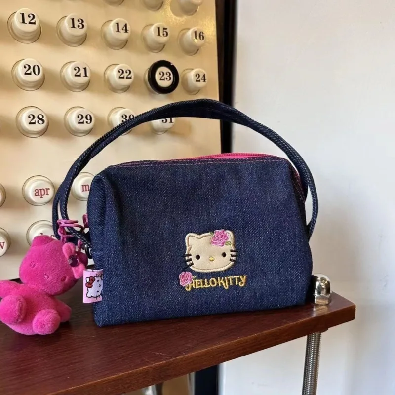 Sanrio Hello Kitty Y2k Embroidery Denim Bag Vintage Blue Small Handbags Harajuku Cute Large Capacity Zipper Bags For Women 2024