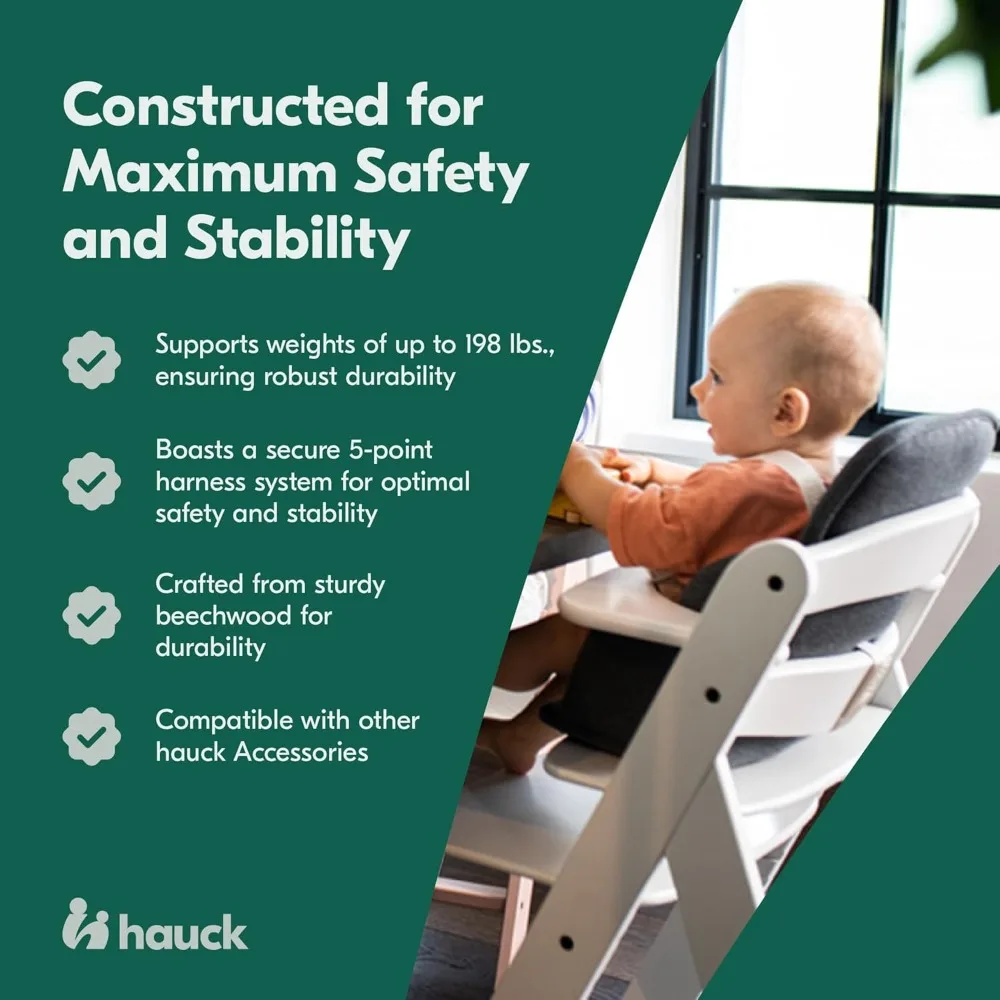 Grow Along ソリッドブナ材ハイチェア、調節可能なシート付き、ホワイト