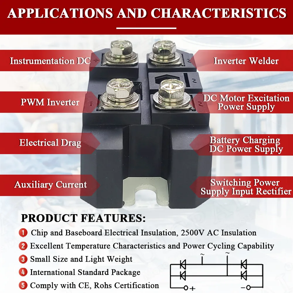 Single Phase Rectifier Bridge Module AC to DC MDQ100A 12V 24V 36V 48V 60V 220V 1000V 1200V 1600V