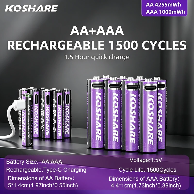 KOSHARE AAA AA Rechargeable Batteries 1.5V Constant Voltage High Capacity 1000mWh 4255mWh Type-C Lithium Battery For Alarm Clock