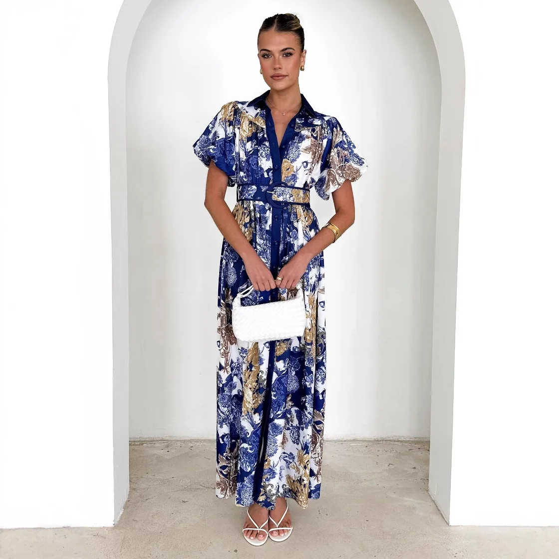 

Women's Long Summer Print Dress Vintage A-line Casual Light Maxi Dress Short Sleeve Elegant Blue Dress For Women 2025 Vestidos