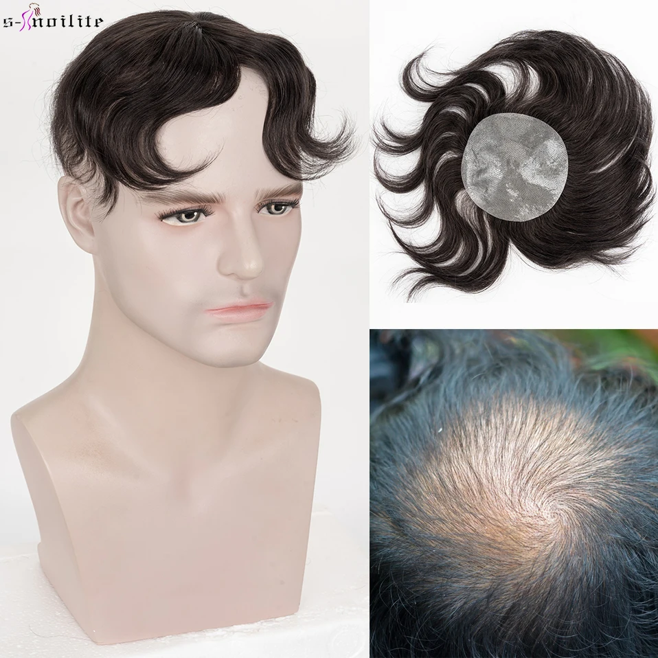 S-noilite 100% Remy Human Hair Bald Spot Toupee for Men Full PU Cover-Up Hair Patch Pieces Topper Replacement System Hairpieces