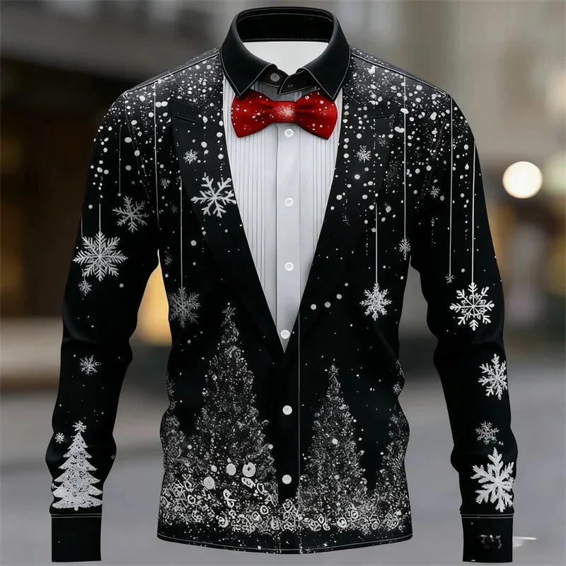 قميص عيد الميلاد للرجال، تصميم عصري غير رسمي، قميص رجالي لحفلات العطلات، طية صدر السترة بأكمام طويلة ملابس رجالية راقية مقاس S-5XL #2