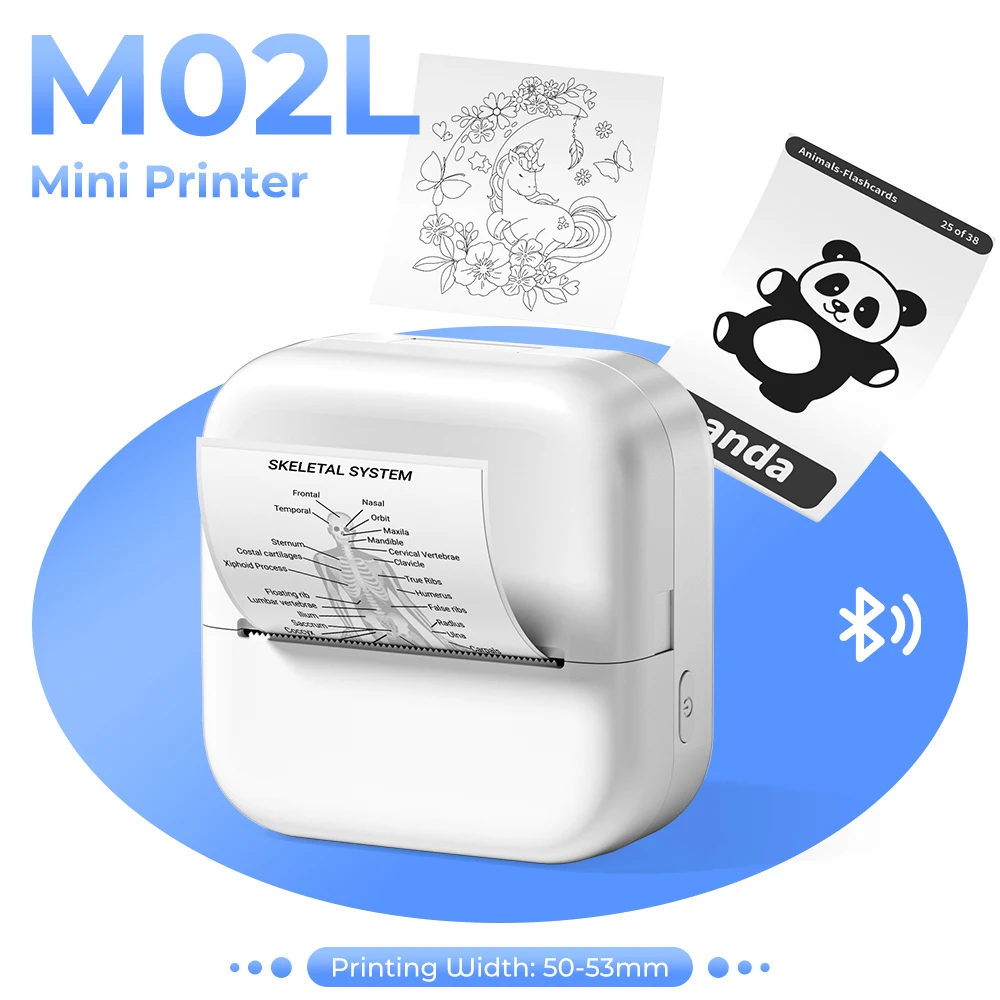 M02L Mini Printer Compatible with Phone & Tablet Print Pods Sticker Printer Inkless Bluetooth Printer for Notes Label Maker