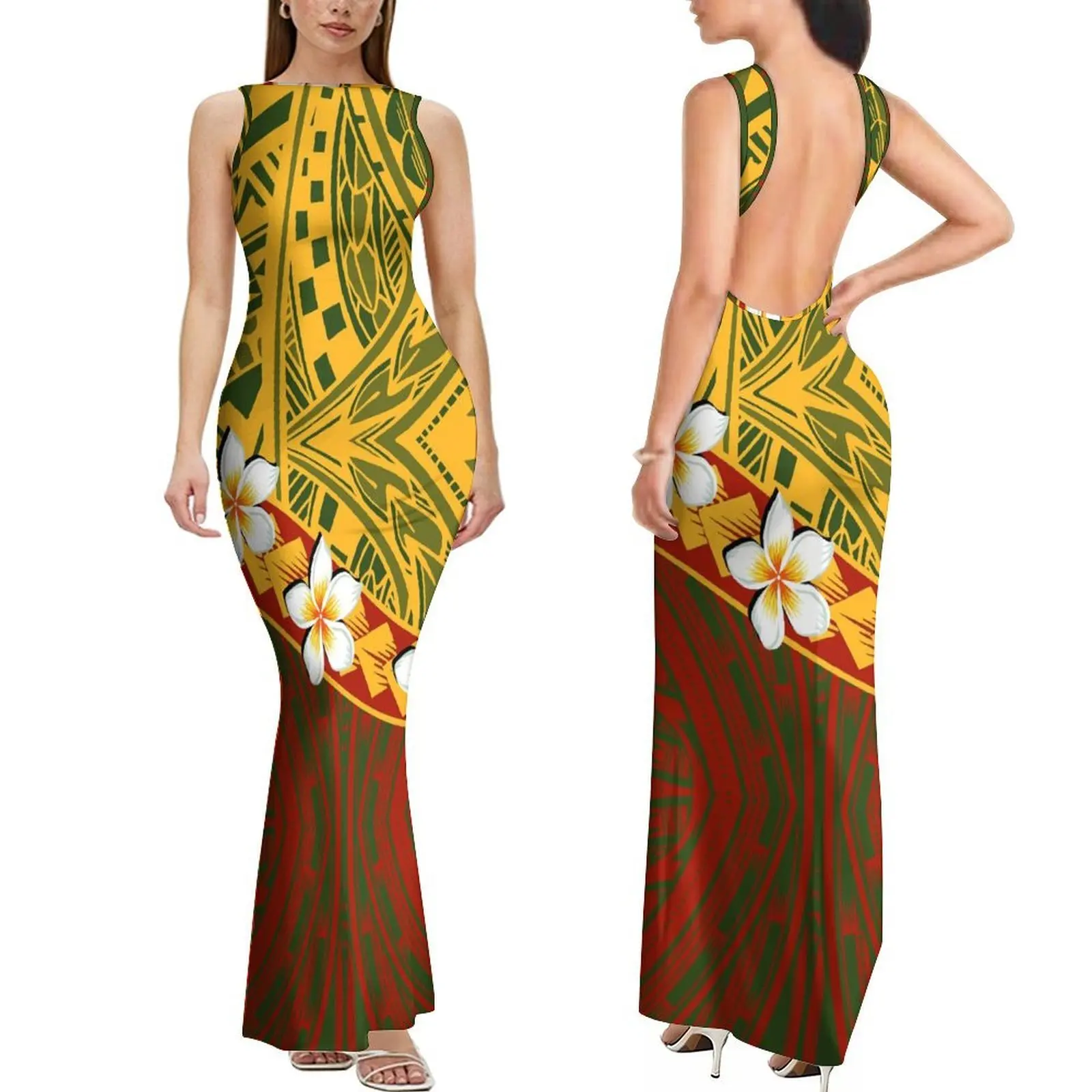 

Мягкое и приятное для кожи длинное утягивающее и сексуальное женское платье без рукавов с открытой спиной, полинезийское вечернее платье на заказ