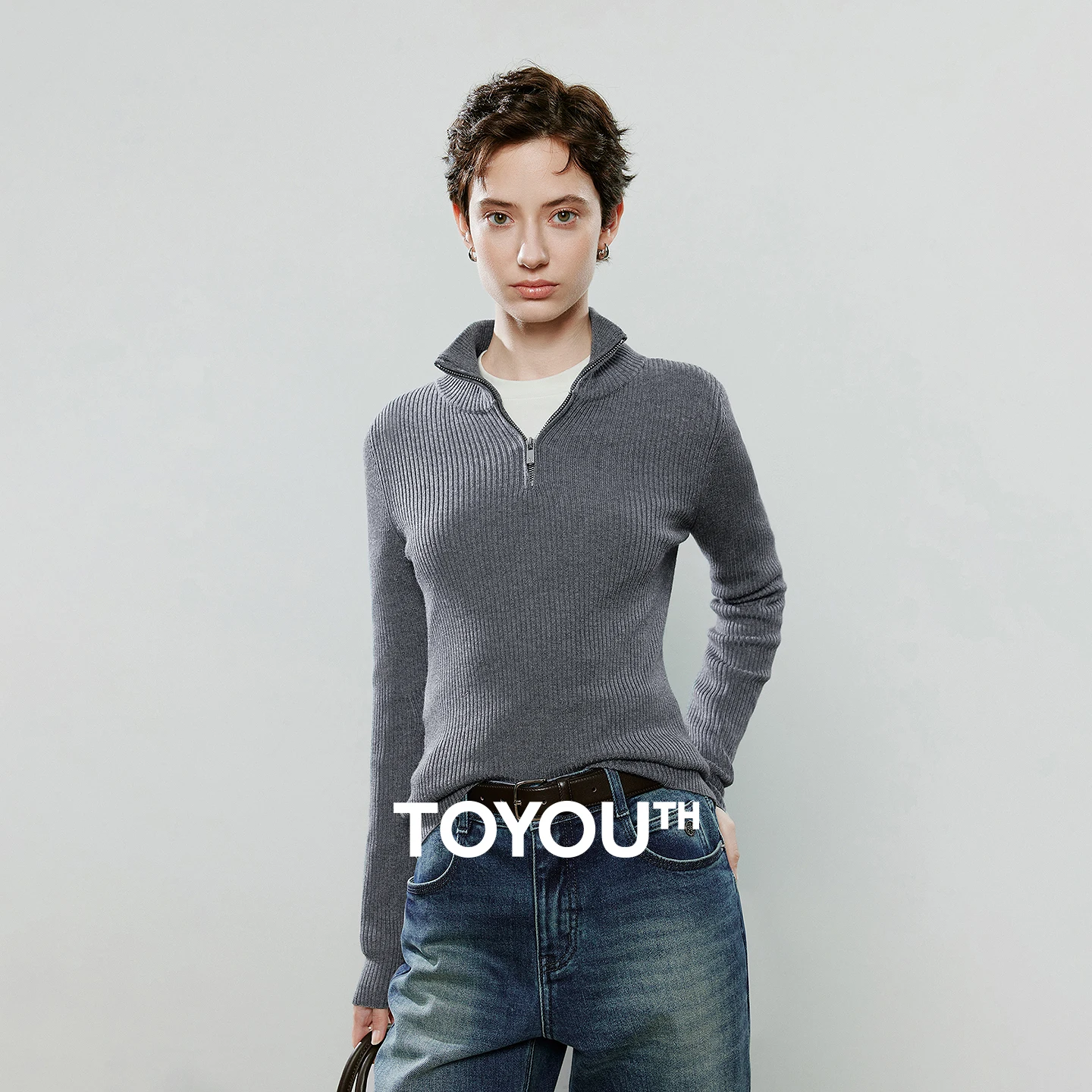 

TOYOUTH Women Knit Tops 2025 Winter NewAsymmetric Slimming Fitted Zipper POLO Collar Office Top