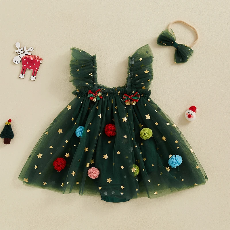 2024-10-09 Lioraitiin Baby Girls Rompers Dress Christmas Clothes Bobbles Bells Decor Mesh Hem Sleeveless Jumpsuit with Headband