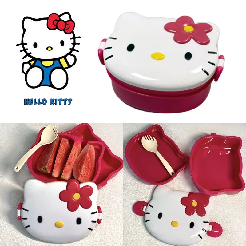 Hello Kitty Lunch Box Double Plastic Cartoon Anime Student Fruit Box Sealed Portable Girl Picnic Storage Container Cutlery Cute