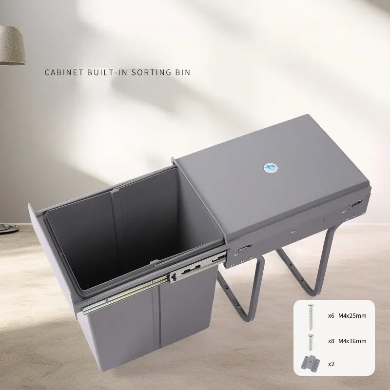 Built-in Kitchen Pull Out Trash Can 20L with Retractable Rail and Lid, Hidden Garbage Bin for Cabinet and Kitchen Use