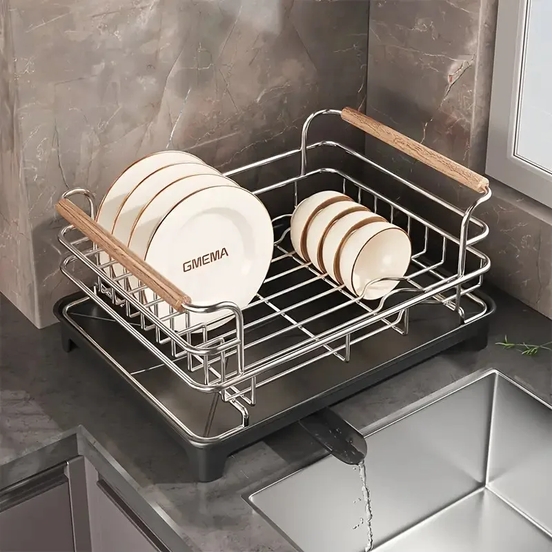 

1pc Stainless Steel Dish Drying Rack, Kitchen Countertop Organizer with Drain Tray for Plates, Cups and Utensils