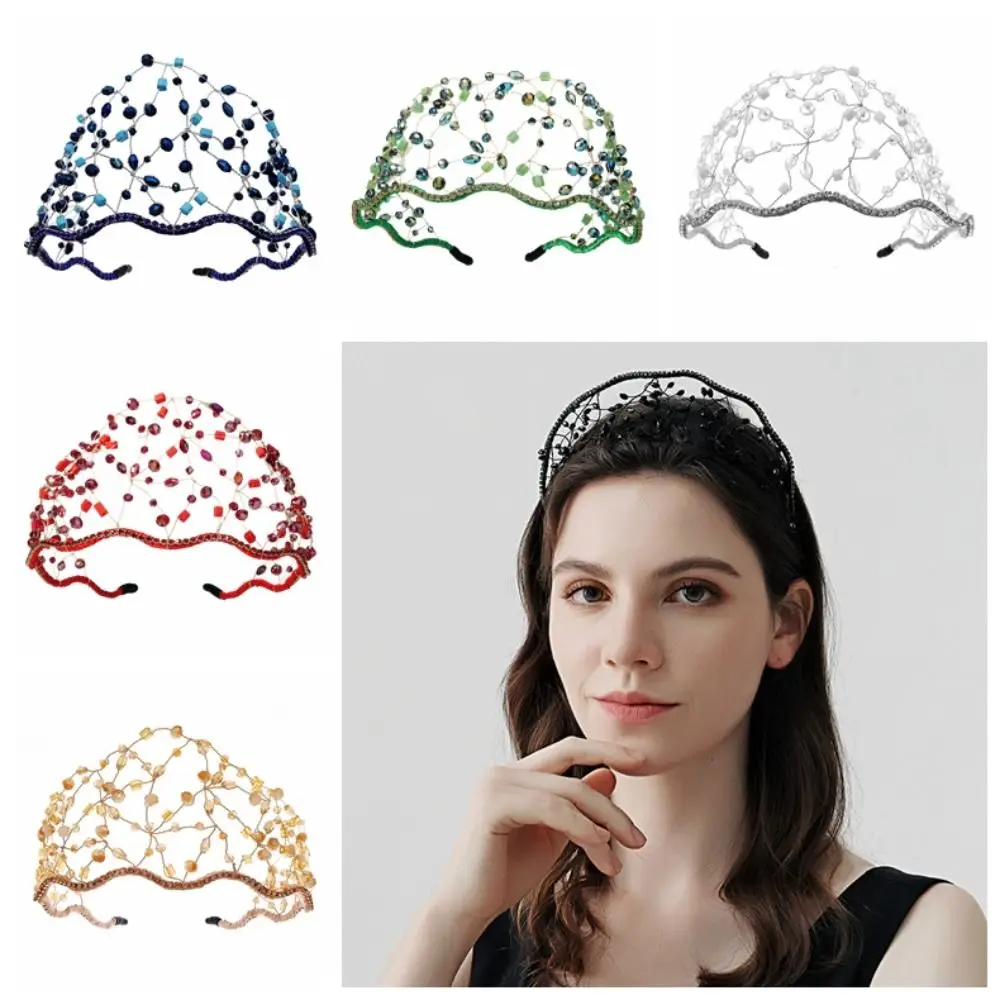 

Handmade Crystal Beads Hair Net Crown Elegant Headbands Wedding Headpieces Sparkling Rhinestone Tiara Luxury Hair Jewelry