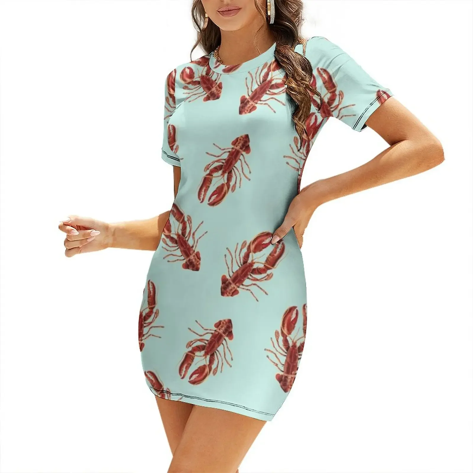 

Lobster Pattern on Mint Background Short-Sleeved Dress Women's clothing summer women's suit