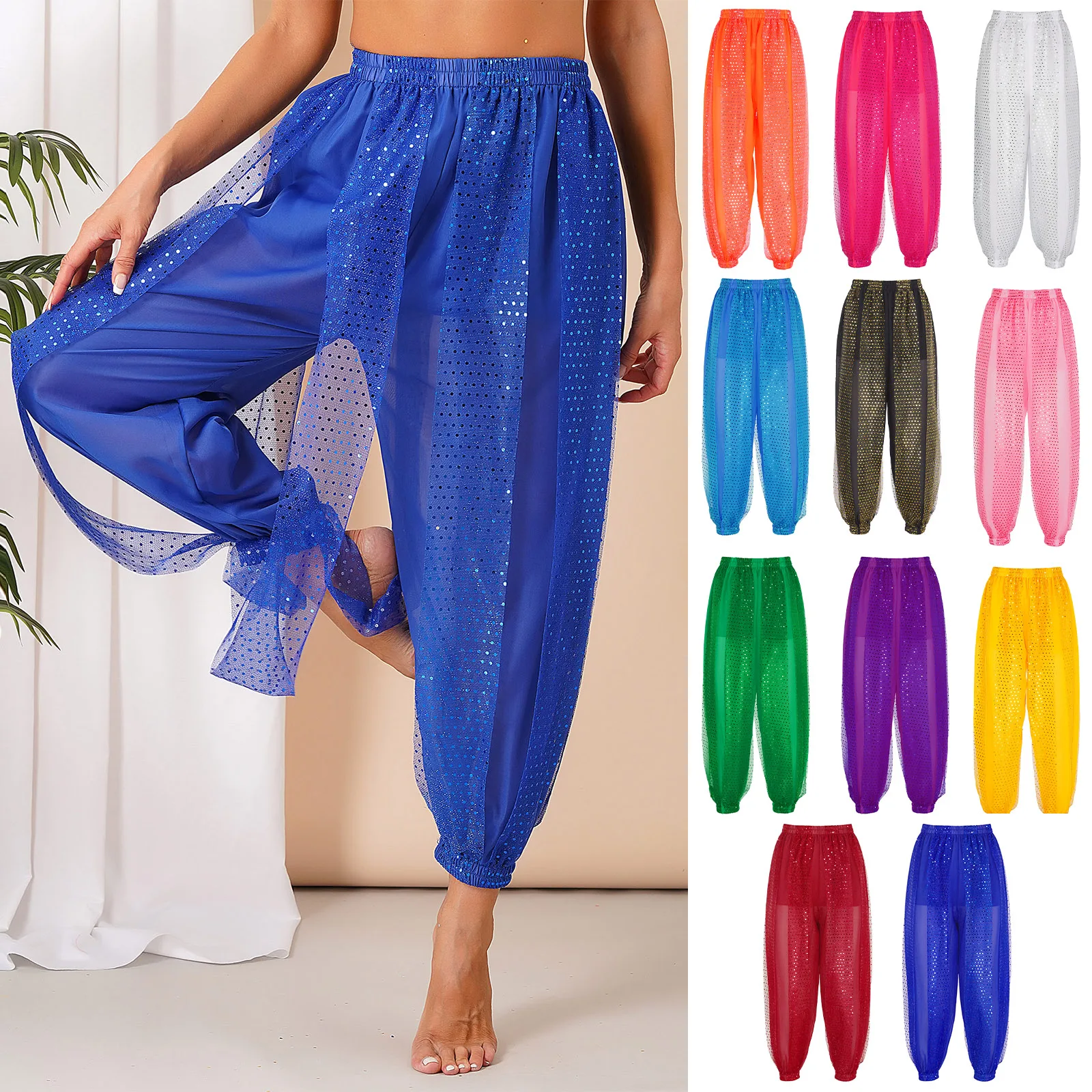 Womens Belly Dance Pants Sequined Sheer Chiffon 、Stage Performance Trousers Elastic Waistband Semi See-Though Bloomers