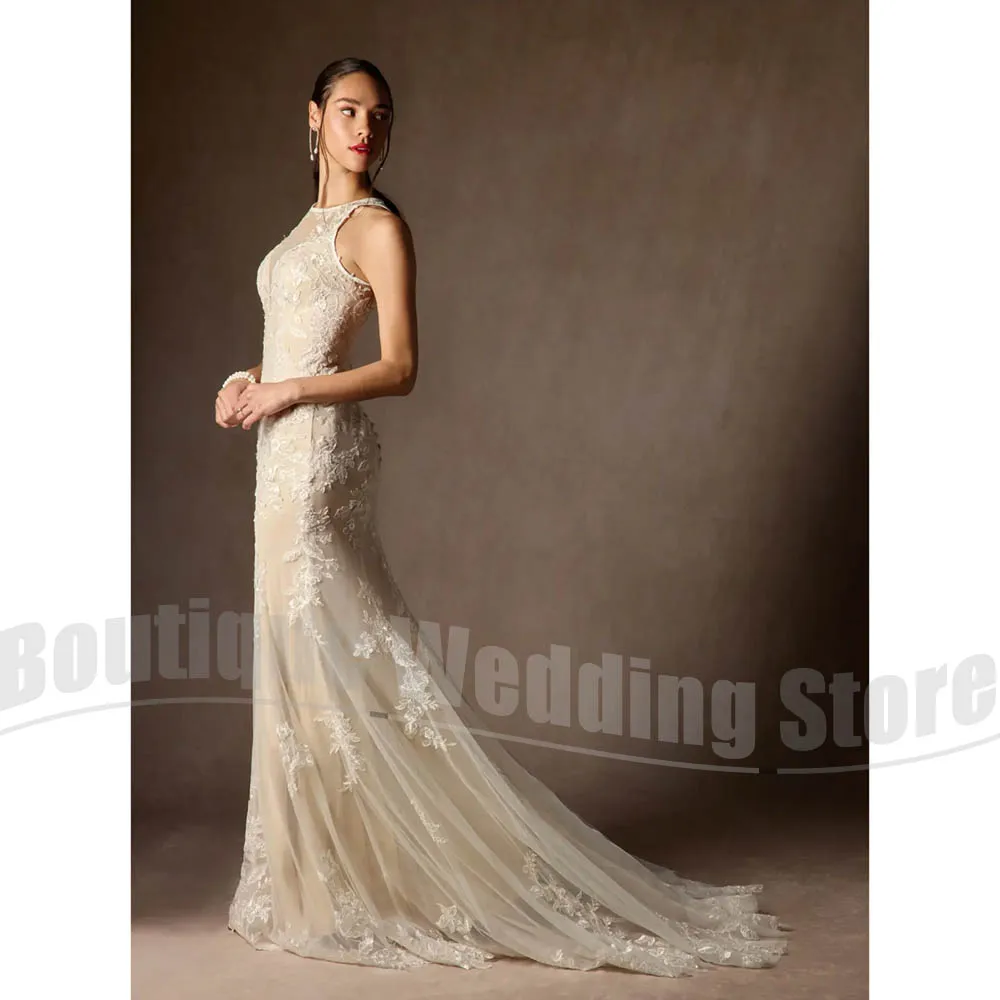 Elegante kanten trouwjurk voor dames, halterhals, applicaties, zeemeerminjurk, mode, tule, sweeptrein, bruidsjurk voor bruiloft