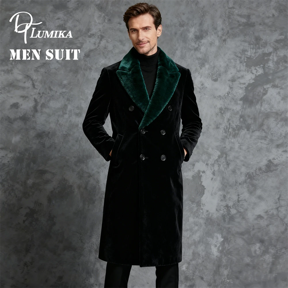 

DTLumika- Double Breasted Velvet Suit Coat for Men, Peak Lapel Long Suit Jacket, Customized Size & Color Made-to-Order Suits