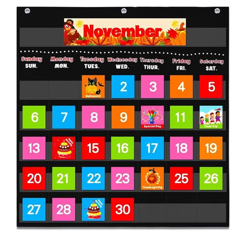 [novitA-]-calendario-da-appendere-per-l’aula-tabella-mensile-per-l’apprendimento-89-schede-nere-tessuto-oxford-ideale-per-bambini-piccoli-e-bambini