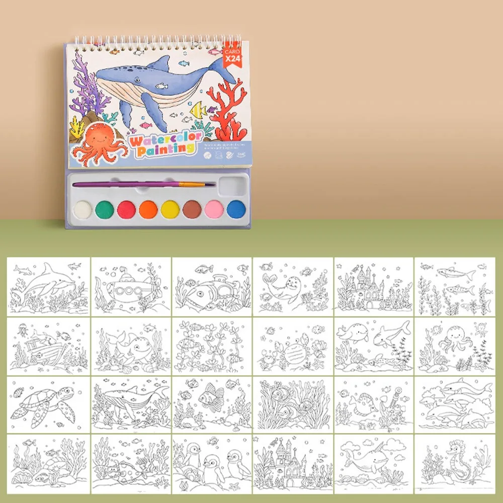 كتاب رسم بالألوان المائية الكرتونية مع 8 صبغات ألوان 24 صفحة مجموعة ألوان الغواش فرشاة رسم بنمط غير متكرر