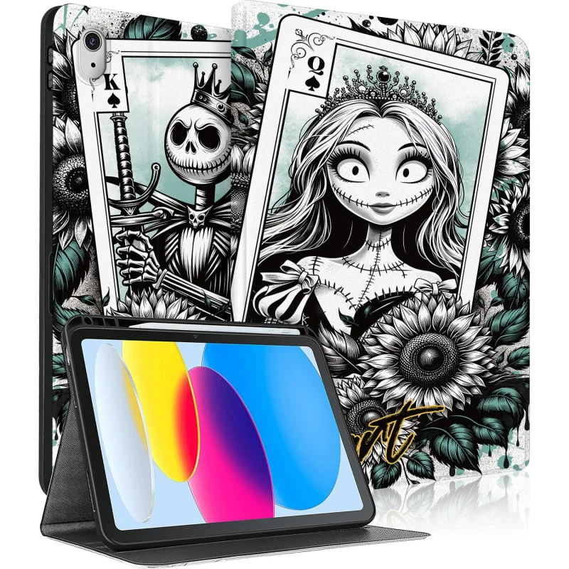 

Cartoon Spades K/Q Poker Sunflower Case for iPad A16 2025 11th Gen 11in /2022 10th 10.9in Auto Wake/Sleep Tablet Cover Halloween