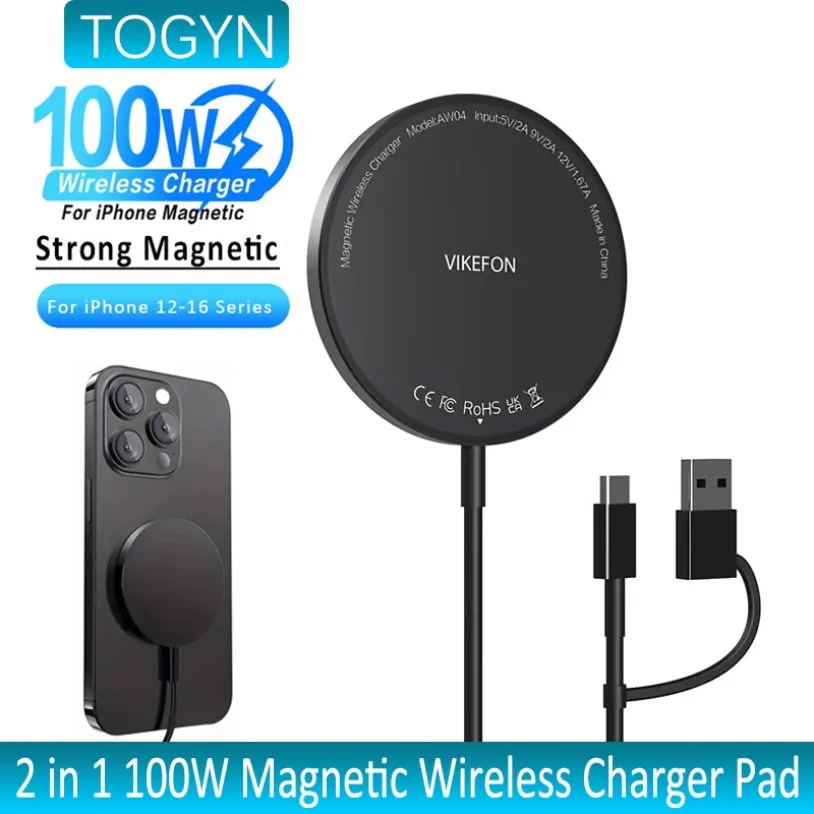 TOGYN 2 in 1 100W Magnetic Wireless Charger Pad USB Type C For Magsafe iPhone 16-12 Pro Max Fast Charging Dock Station Chargers