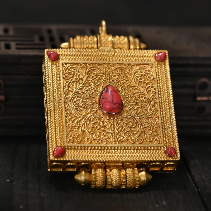 

Nepalese Pure Copper Filigree Square Gawu Box Pendant.
