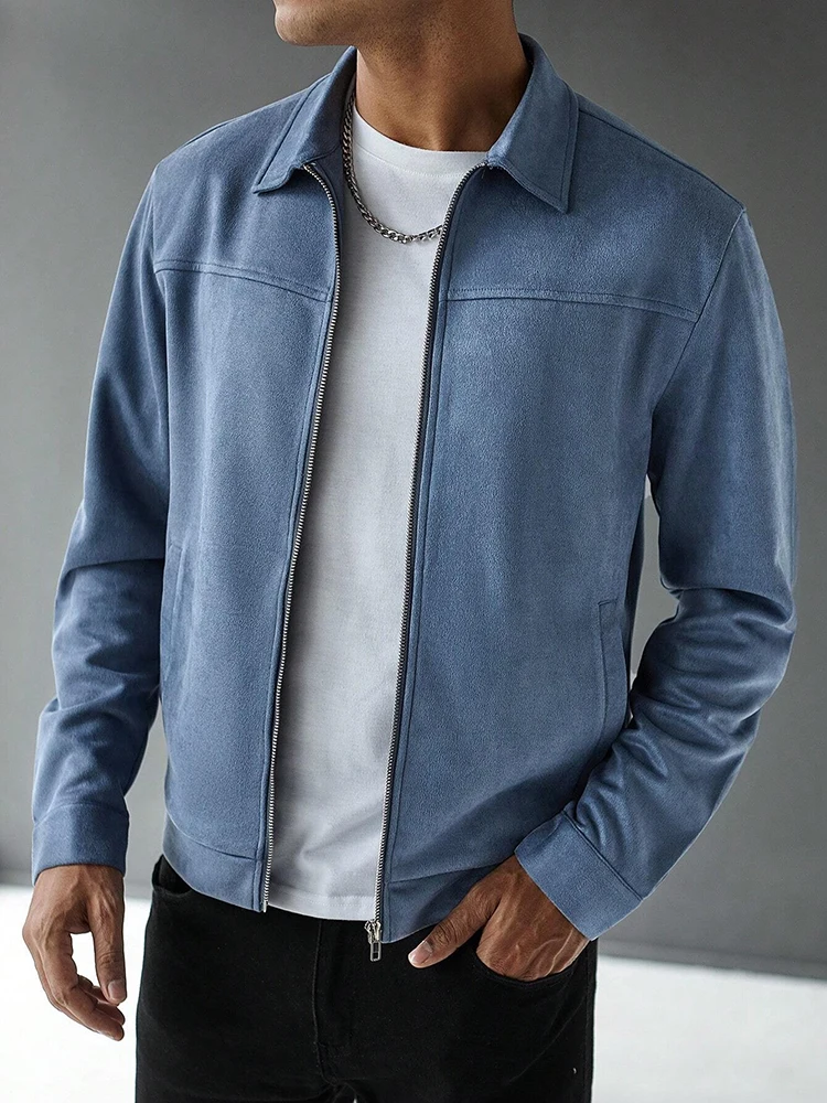 Stylish Mens Solid Color Suede Coats 2026 Autumn New Casual Long Sleeve Slim Jacket Men Streetwear Vintage Zip-up Lapel Jackets