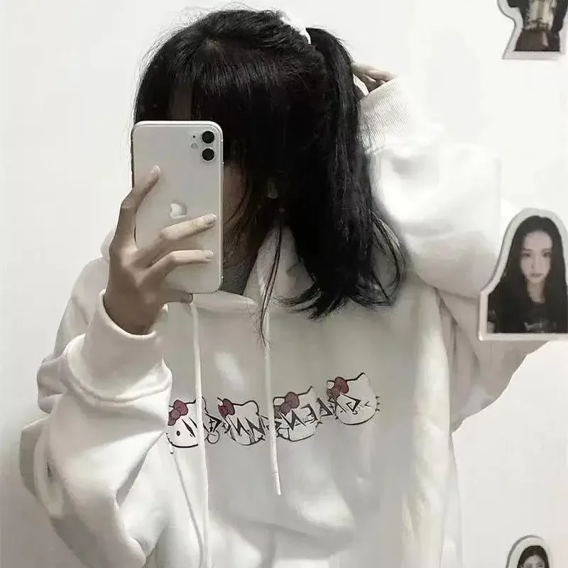 Japanese Kawaii Clothes Hello Kitty Printed White Hoodies Spring Autumn Student Cartoon Print Loose Hoodie Sweatshirt Girl Tops