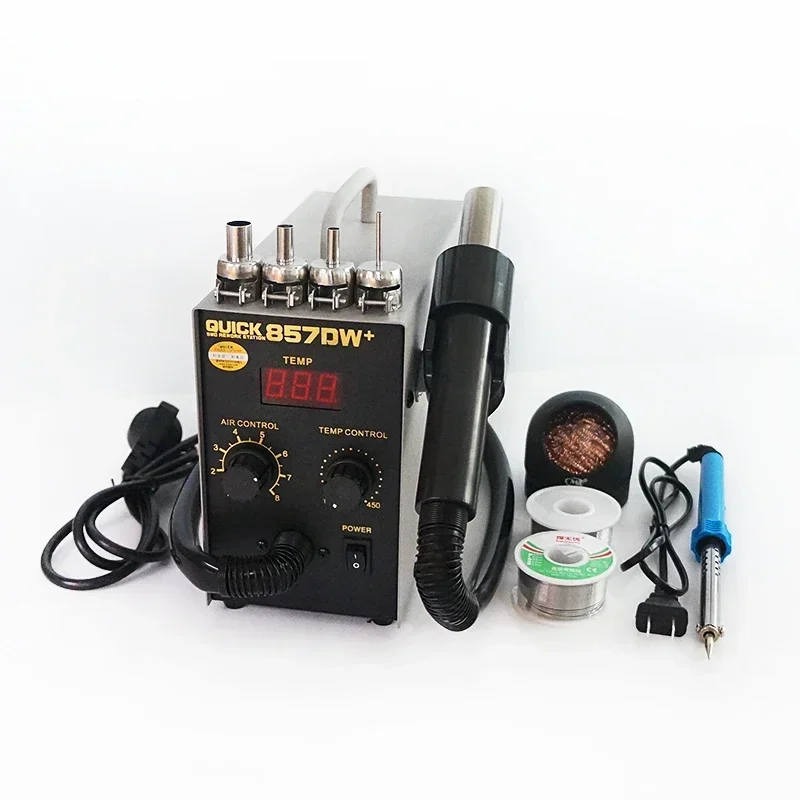 QUICK 857DW+ Soldering Station SMD SMT Electric Hot Air Gun Soldering Iron With 0.5-0.6mm Solder Wire ESD Tweezer Solder Tools