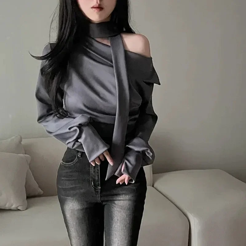 Dongdaemun الراقية يشعر أنيقة ركاب وشاح التلبيب غير المتماثلة مثير خارج على الكتف التخسيس قميص للنساء #2