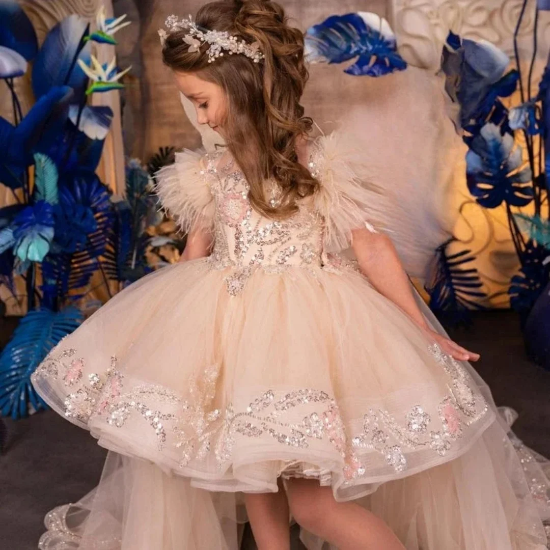 Pink Flower Girl Dresses for Wedding Princess Lace Appliques High-Low Length Baby Girl Birthday Ball Gowns Communion Customized