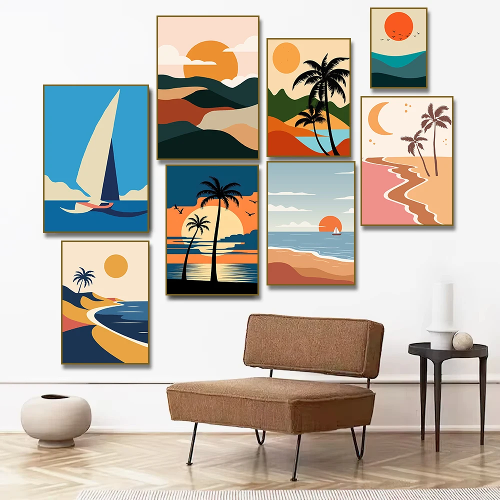 Abstract Sunset Landscape Palm Tree Ocean Bird Minimalist Mountain Poster Canvas Painting Print for Living Room Home Decor