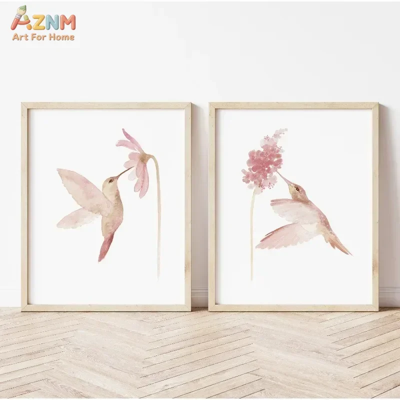 AZNM Watercolor Pink Hummingbird Canvas Wall Art, Soft Blush Floral Bird Print, Minimalist Gentle Wildlife Poster Set for Nurser
